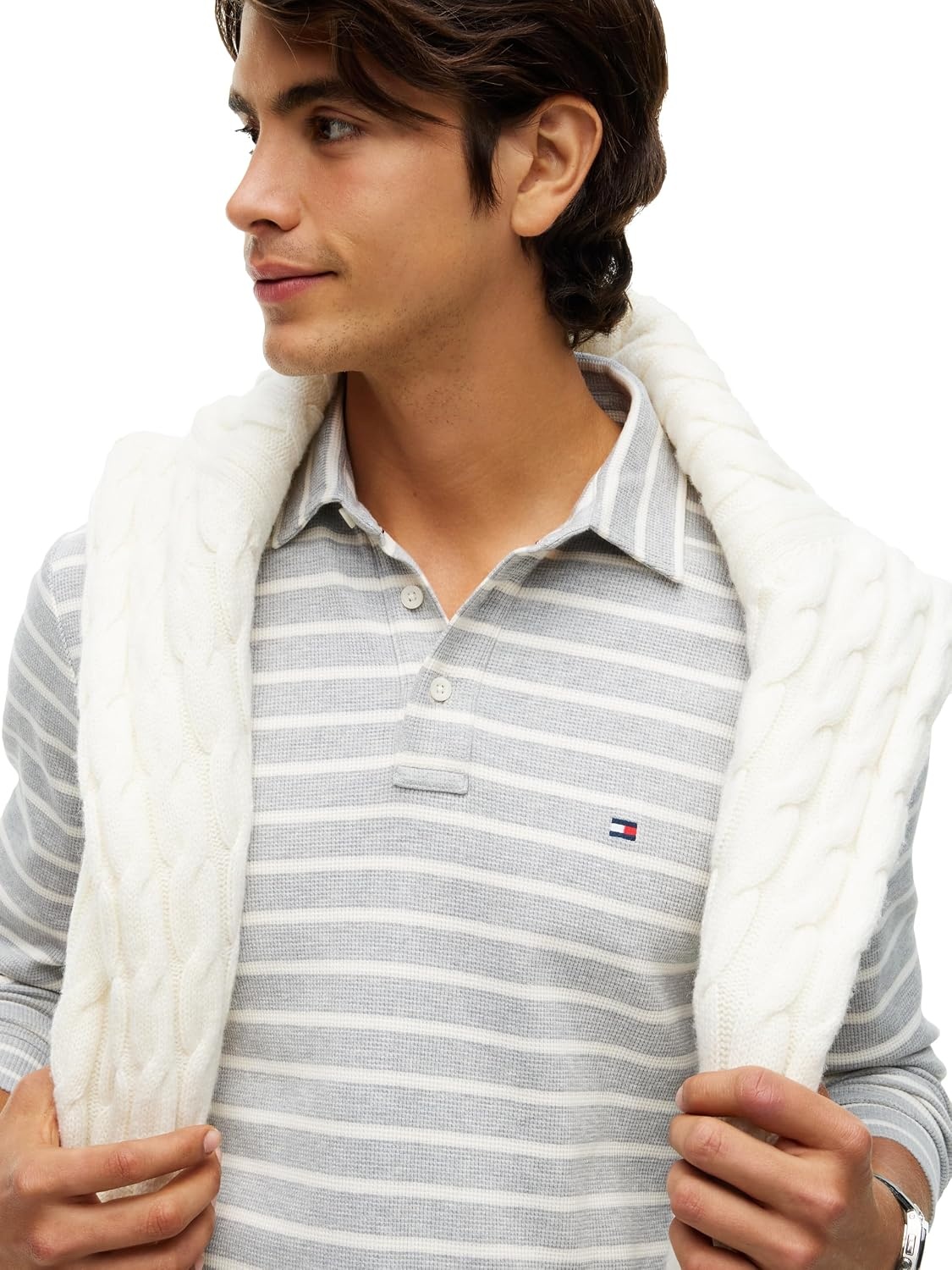 image:imageTommy Hilfiger Mens Long Sleeve Button Down Polo Shirt in Regular FitLight Grey Htr Ivory Petal