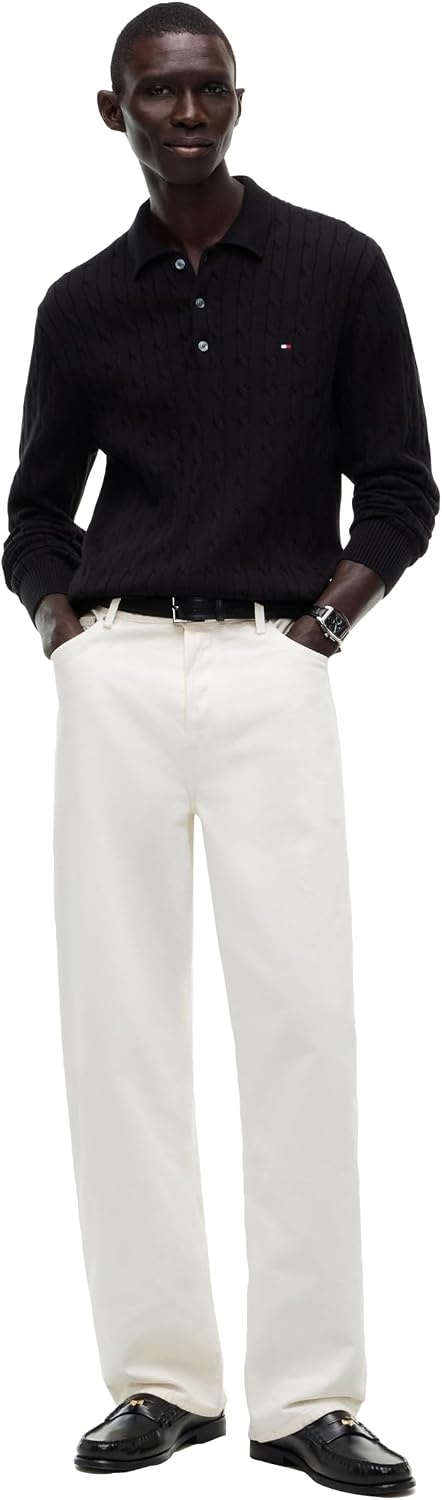 image:imageTommy Hilfiger Mens Long Sleeve Casual Cotton Cable Polo SweaterBlack