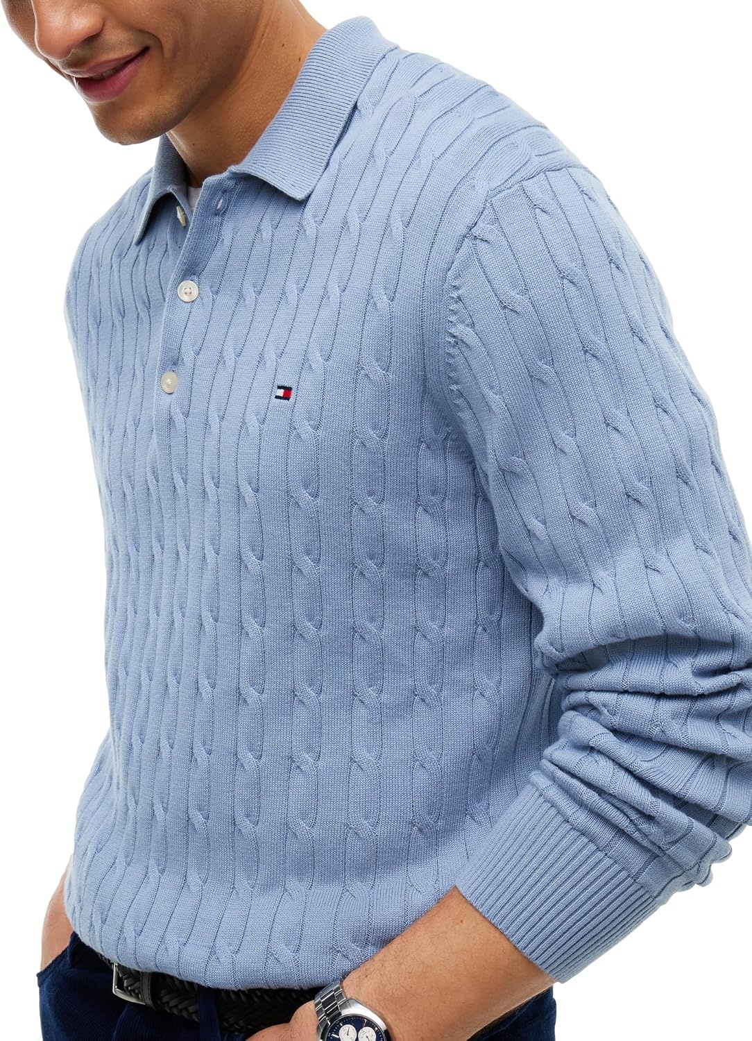 image:imageTommy Hilfiger Mens Long Sleeve Casual Cotton Cable Polo SweaterBrisk Blue