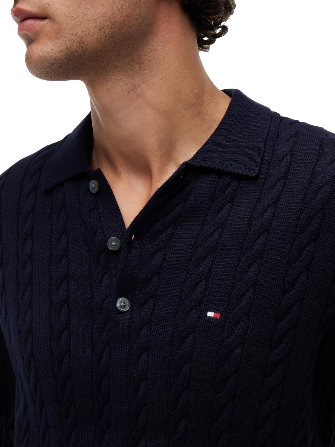 image:imageTommy Hilfiger Mens Long Sleeve Casual Cotton Cable Polo SweaterDesert Sky