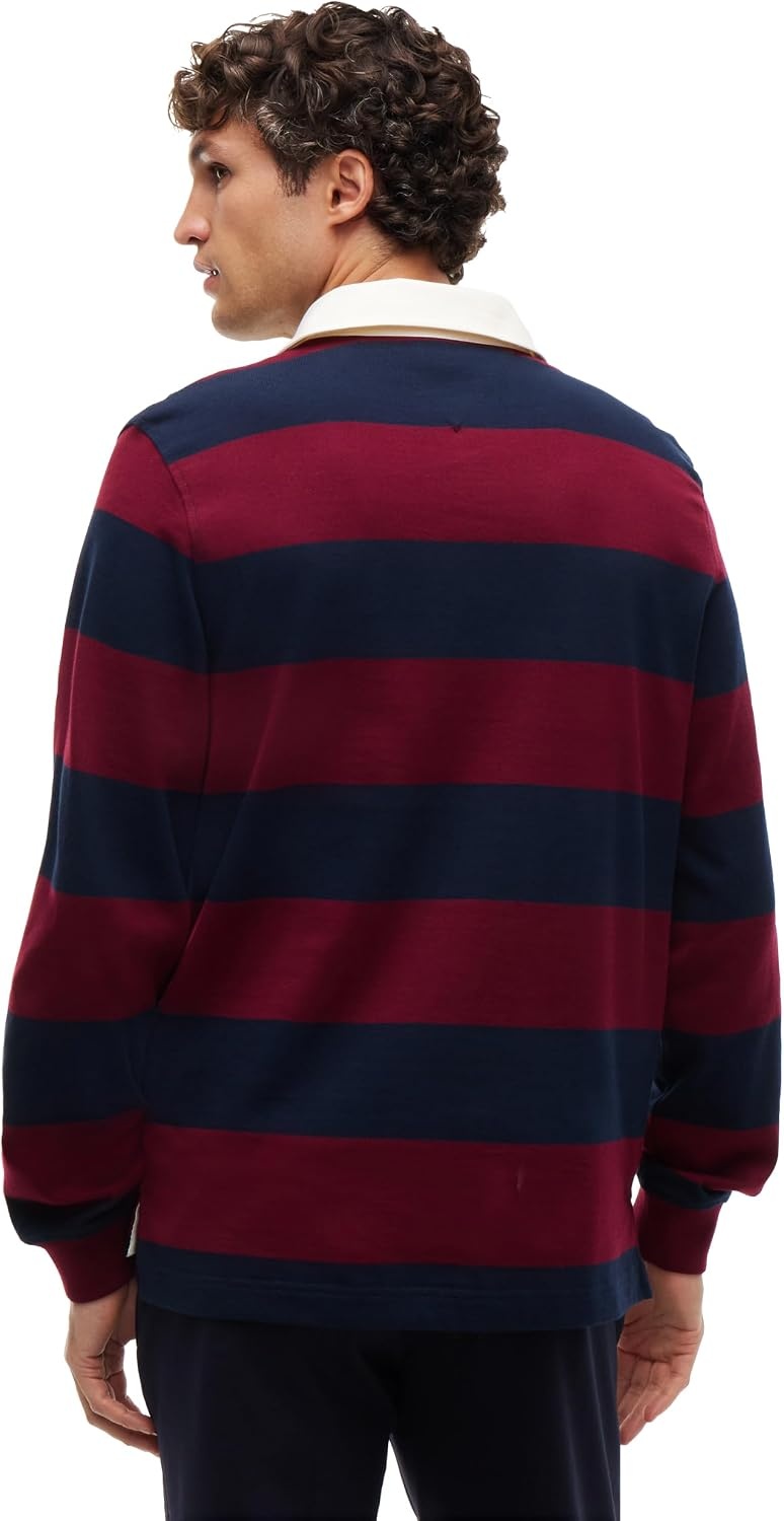 image:imageTommy Hilfiger Mens Long Sleeve Casual Cotton Striped Rugby PoloBurgundy Carbon Navy
