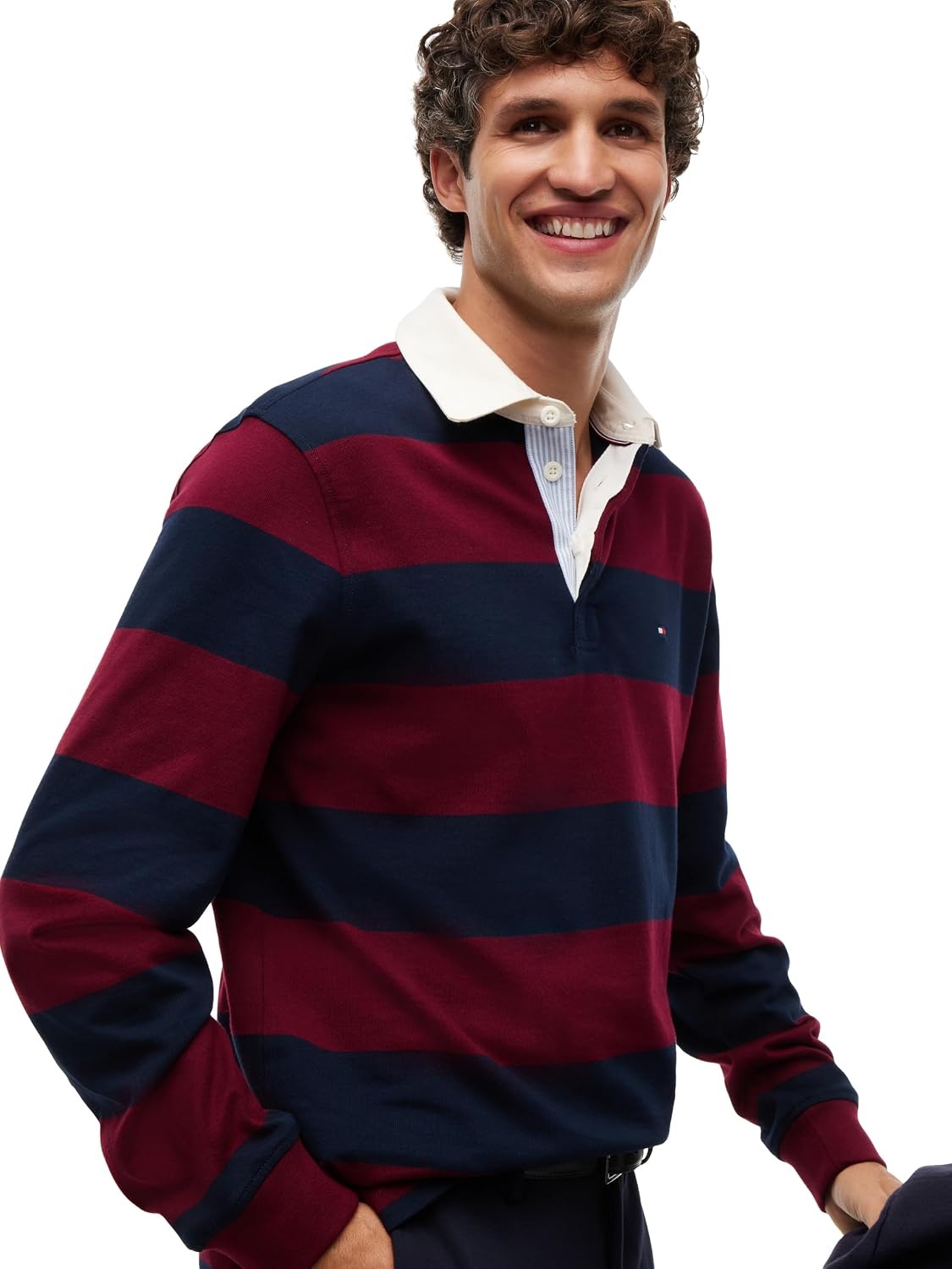 image:imageTommy Hilfiger Mens Long Sleeve Casual Cotton Striped Rugby PoloBurgundy Carbon Navy