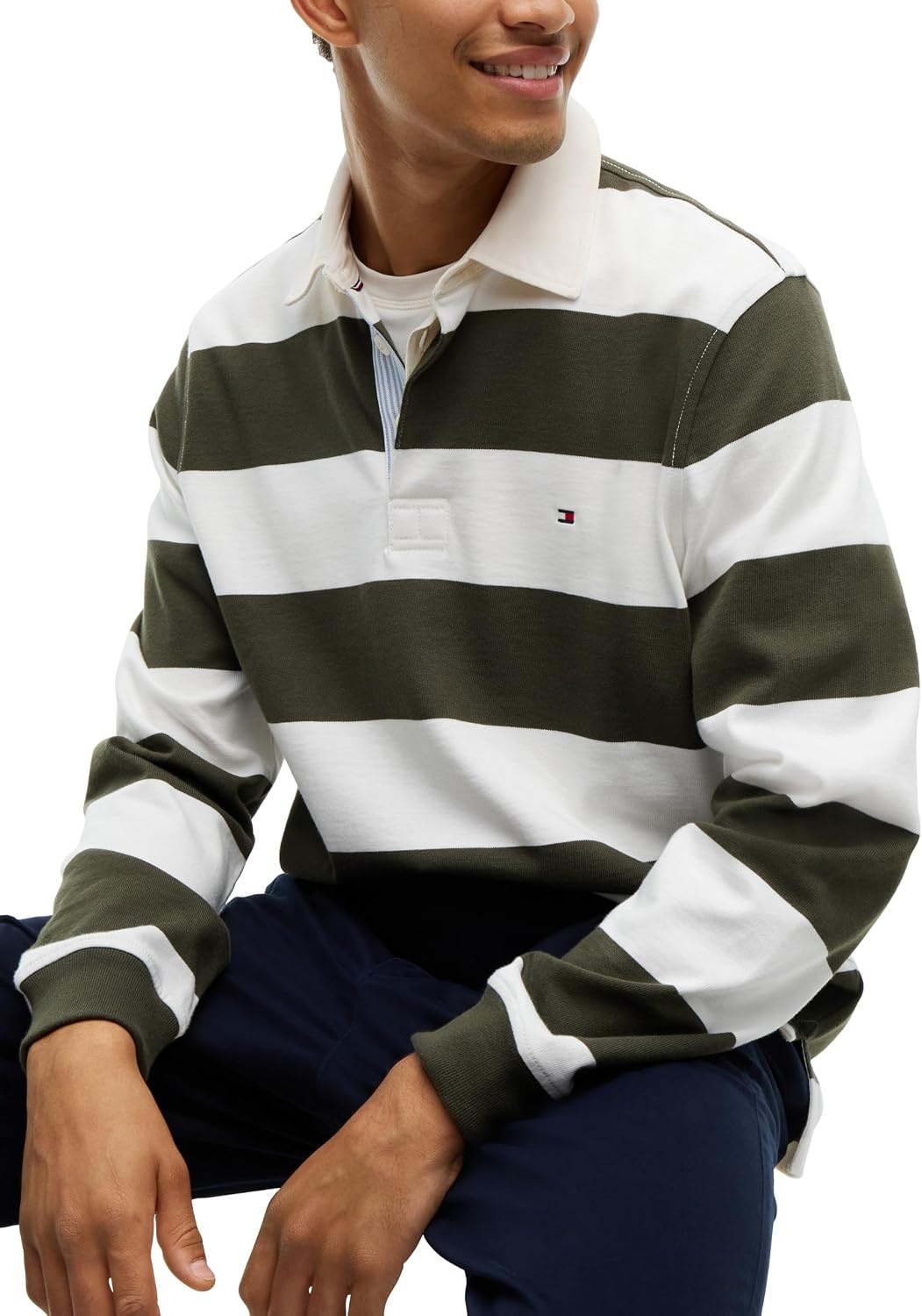 image:imageTommy Hilfiger Mens Long Sleeve Casual Cotton Striped Rugby PoloHuntsman Green Ivory Petal