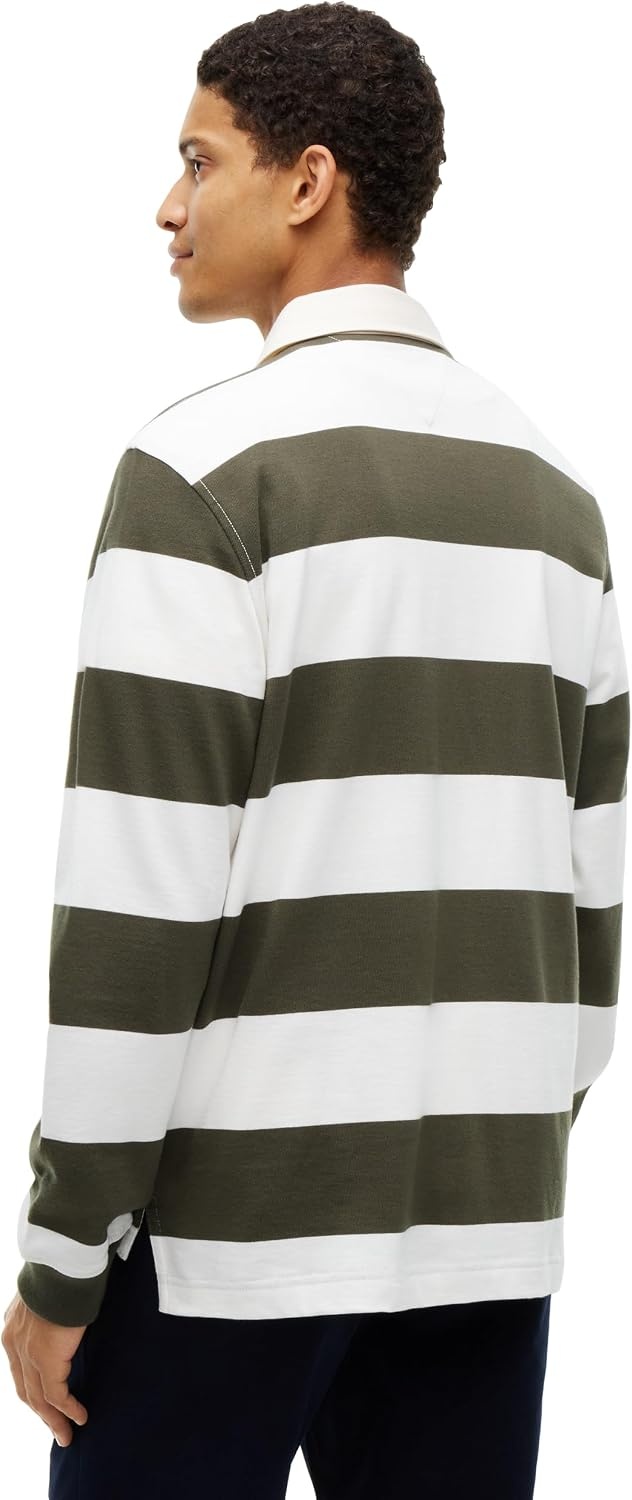 image:imageTommy Hilfiger Mens Long Sleeve Casual Cotton Striped Rugby PoloHuntsman Green Ivory Petal