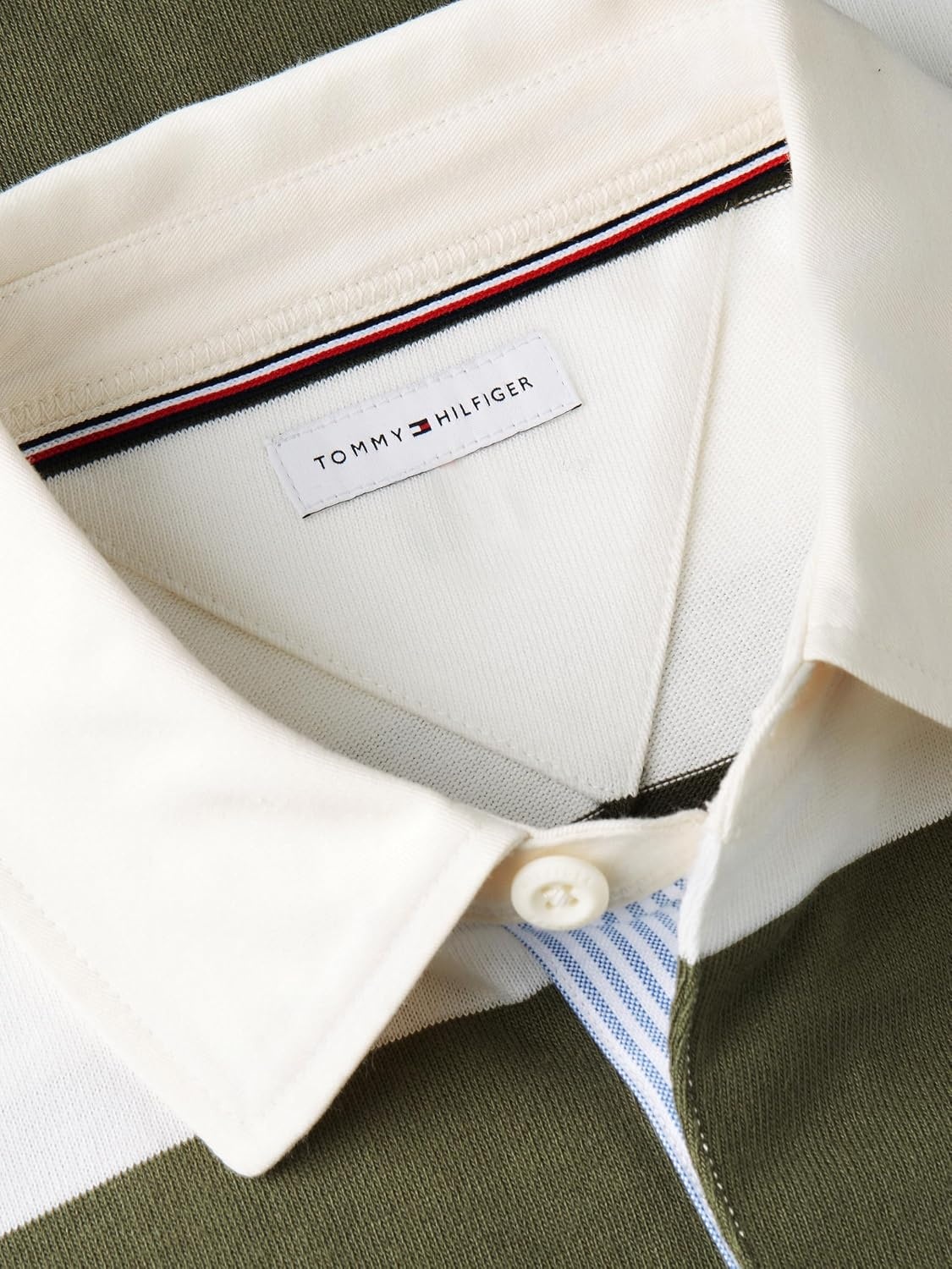 image:imageTommy Hilfiger Mens Long Sleeve Casual Cotton Striped Rugby PoloHuntsman Green Ivory Petal