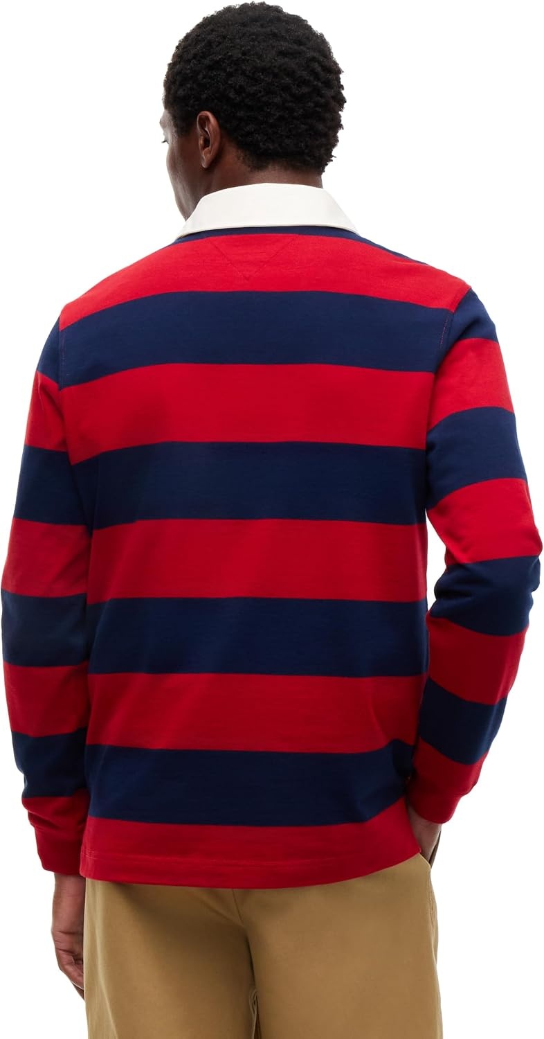 image:imageTommy Hilfiger Mens Long Sleeve Casual Cotton Striped Rugby PoloMedium Red Carbon Navy