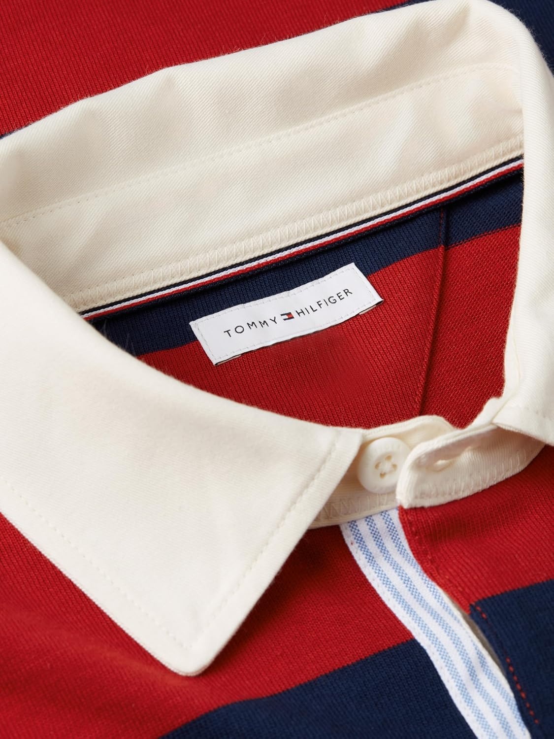 image:imageTommy Hilfiger Mens Long Sleeve Casual Cotton Striped Rugby PoloMedium Red Carbon Navy