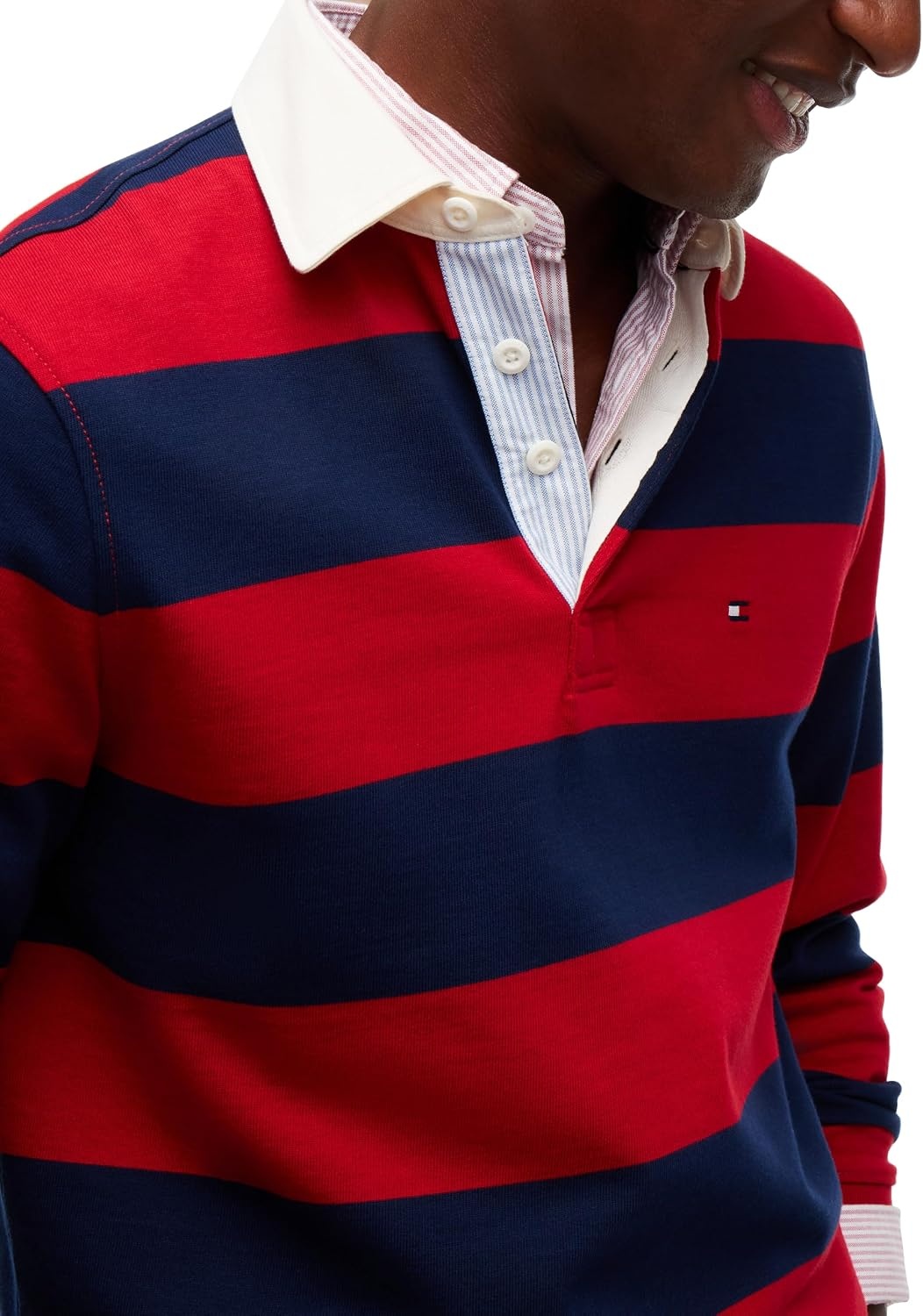 image:imageTommy Hilfiger Mens Long Sleeve Casual Cotton Striped Rugby PoloMedium Red Carbon Navy