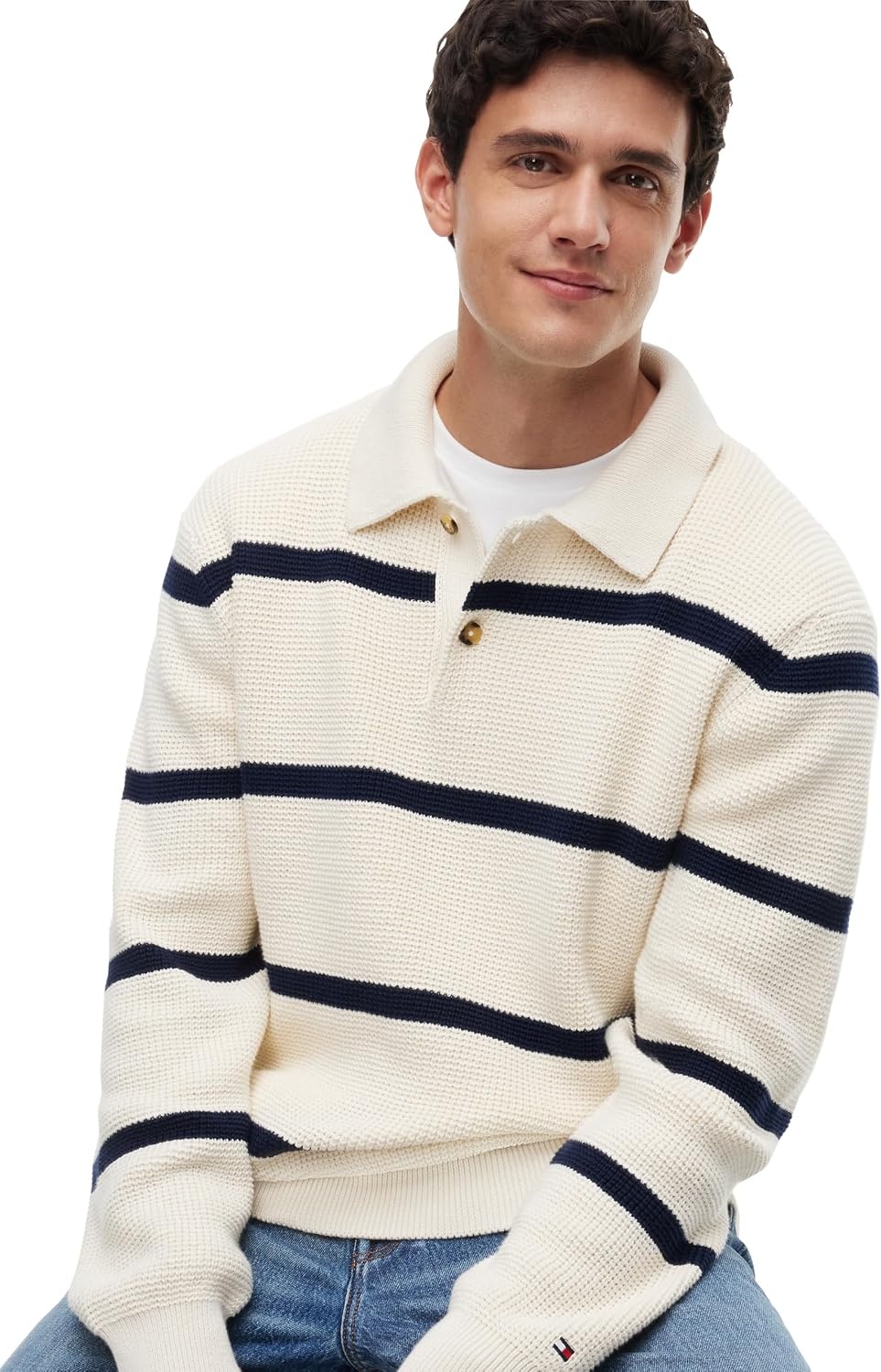 image:imageTommy Hilfiger Mens Long Sleeve Casual Cotton Waffled Rugby Polo ShirtIvory Petal Carbon Navy