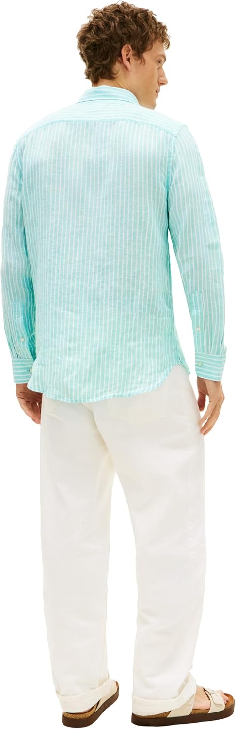 image:imageTommy Hilfiger Mens Long Sleeve Casual Linen Button Down Shirts in Regular FitArctic Aqua Stripe