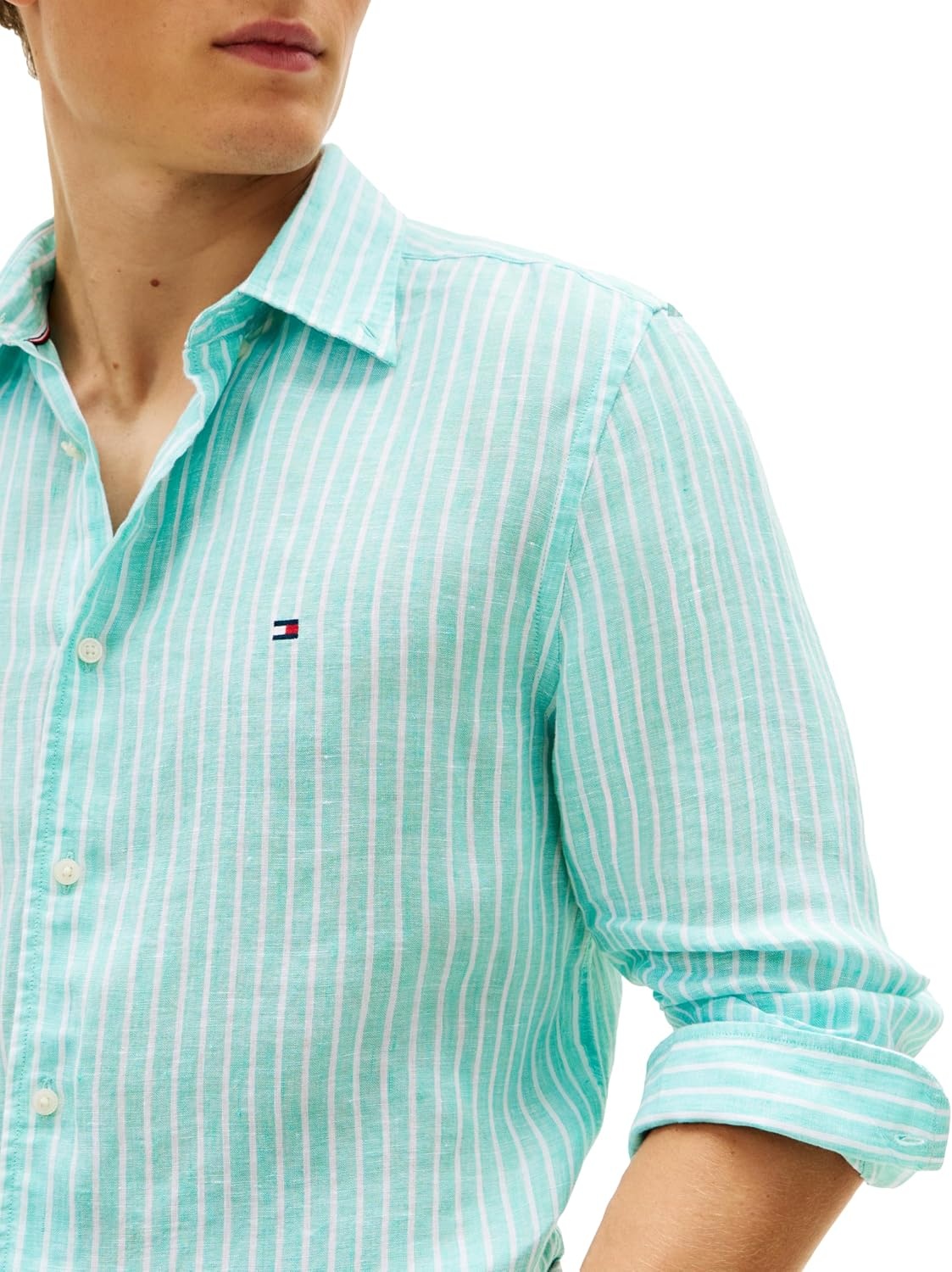 image:imageTommy Hilfiger Mens Long Sleeve Casual Linen Button Down Shirts in Regular FitArctic Aqua Stripe