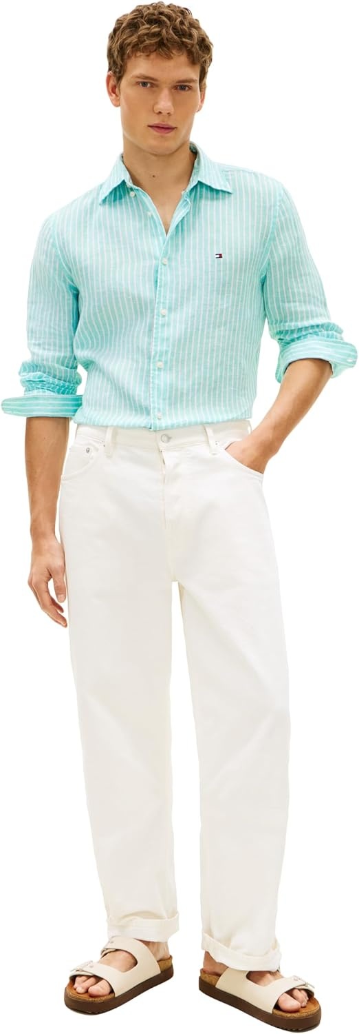 image:imageTommy Hilfiger Mens Long Sleeve Casual Linen Button Down Shirts in Regular FitArctic Aqua Stripe