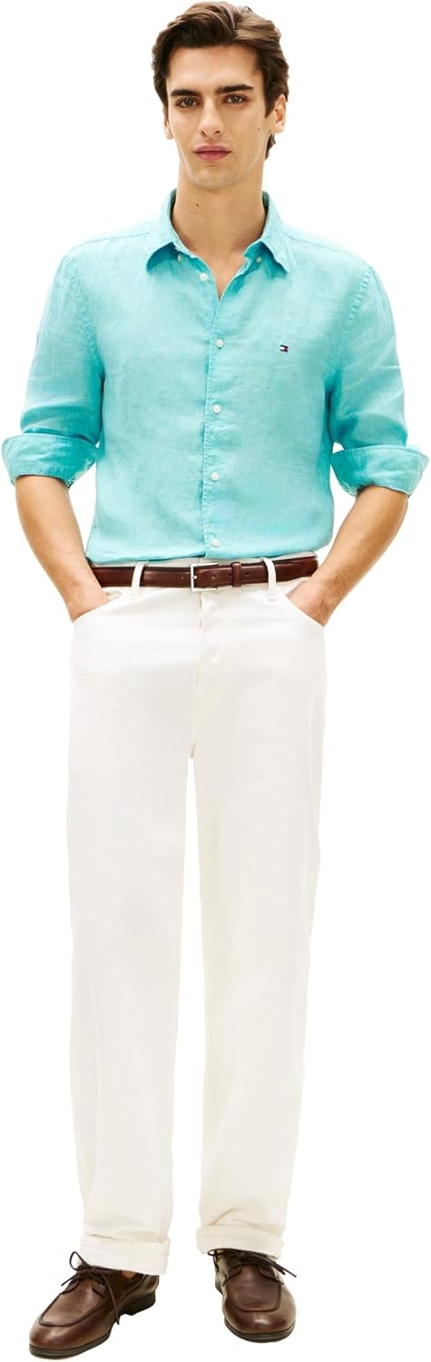 image:imageTommy Hilfiger Mens Long Sleeve Casual Linen Button Down Shirts in Regular FitArctic Aqua