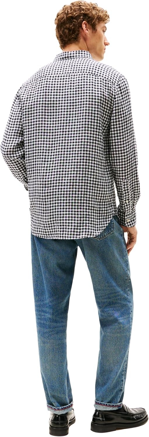 image:imageTommy Hilfiger Mens Long Sleeve Casual Linen Button Down Shirts in Regular FitBlack Check