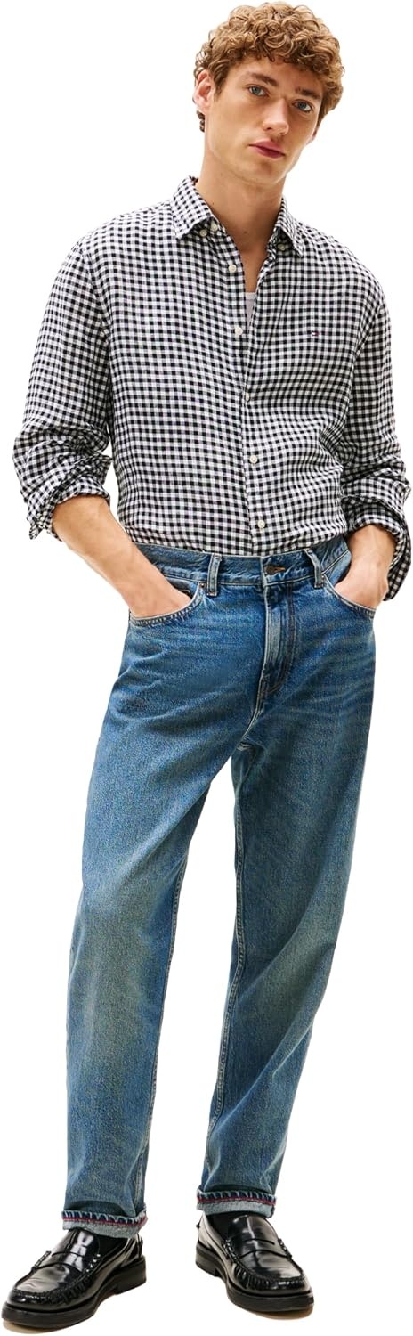 image:imageTommy Hilfiger Mens Long Sleeve Casual Linen Button Down Shirts in Regular FitBlack Check