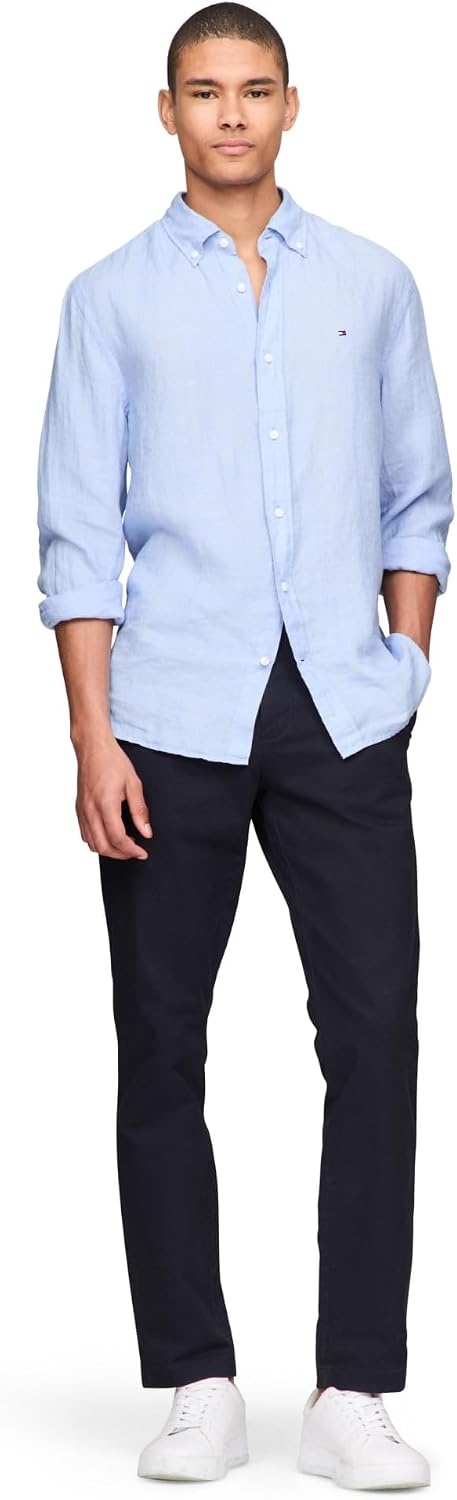 image:imageTommy Hilfiger Mens Long Sleeve Casual Linen Button Down Shirts in Regular FitBlue