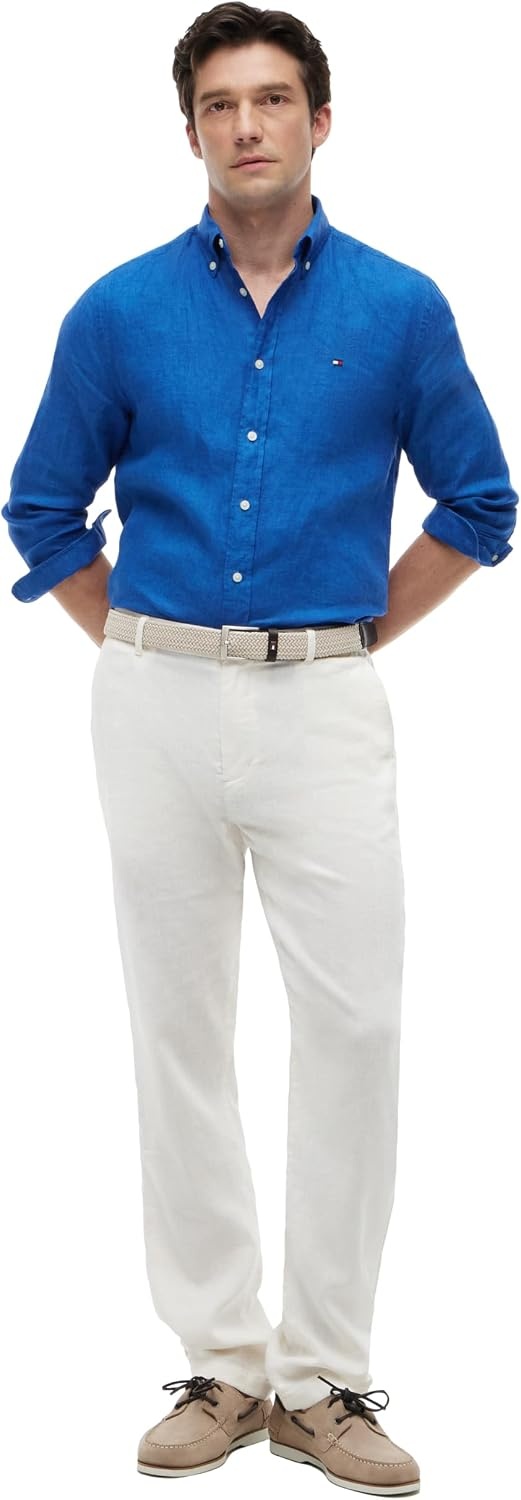 image:imageTommy Hilfiger Mens Long Sleeve Casual Linen Button Down Shirts in Regular FitBlue Orbit