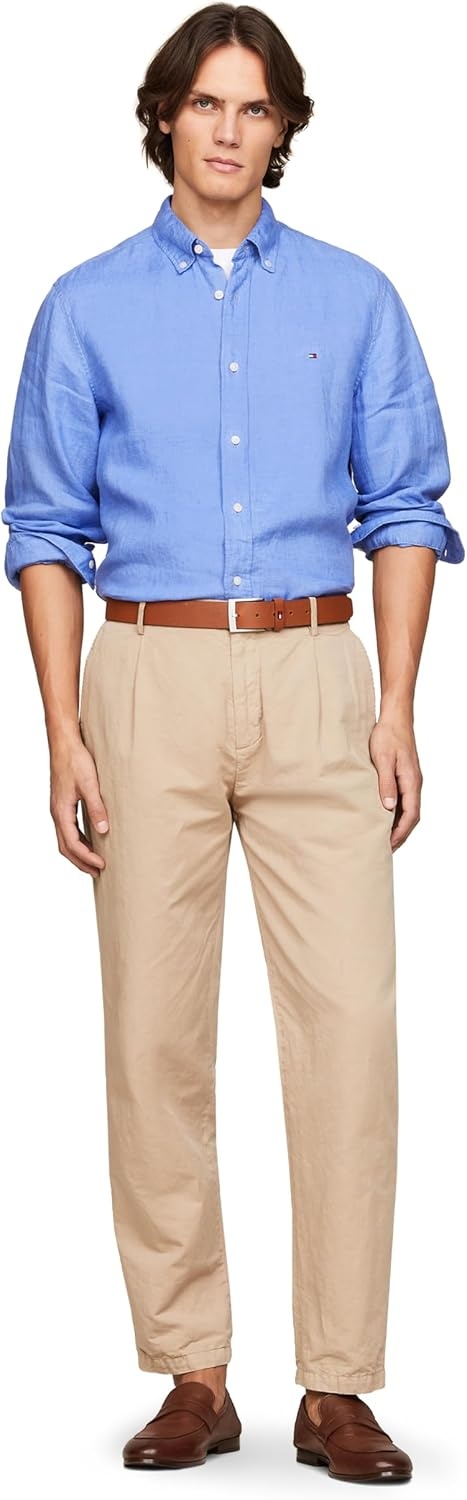 image:imageTommy Hilfiger Mens Long Sleeve Casual Linen Button Down Shirts in Regular FitBlue Spell