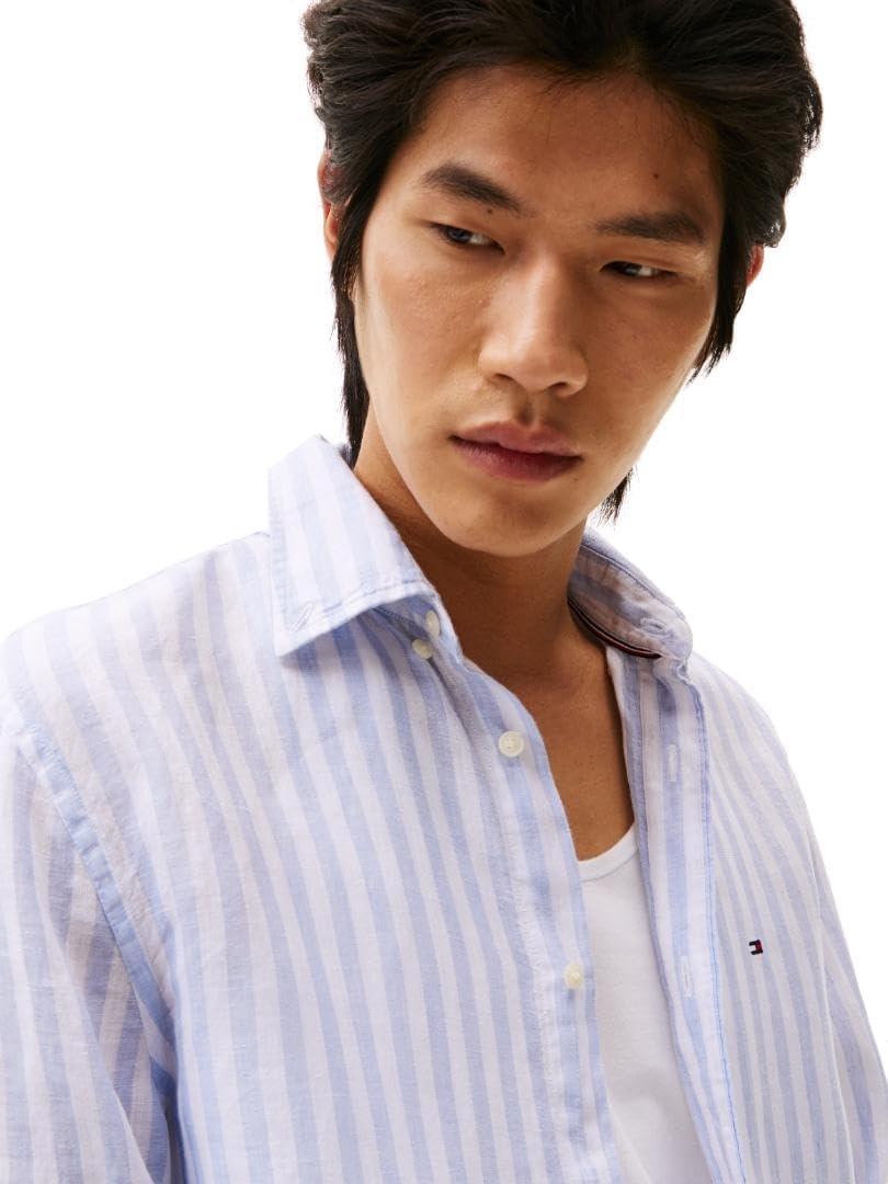 image:imageTommy Hilfiger Mens Long Sleeve Casual Linen Button Down Shirts in Regular FitBreezy Blue Optic White