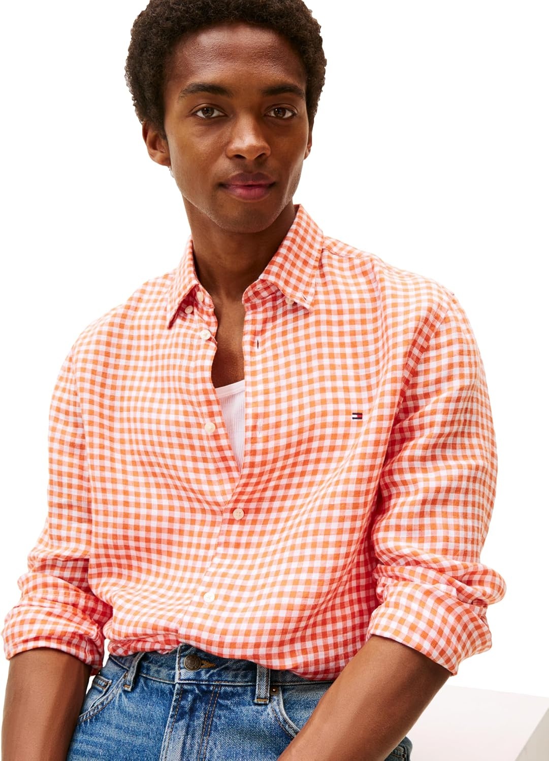 image:imageTommy Hilfiger Mens Long Sleeve Casual Linen Button Down Shirts in Regular FitBrilliant Orange Check