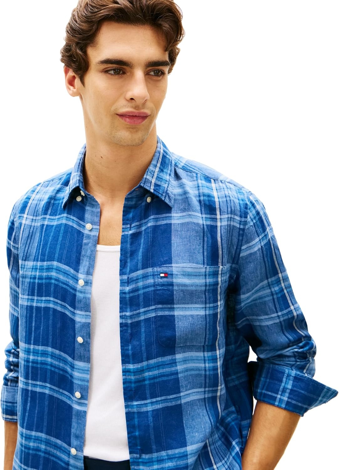 image:imageTommy Hilfiger Mens Long Sleeve Casual Linen Button Down Shirts in Regular FitBrisk Blue Check