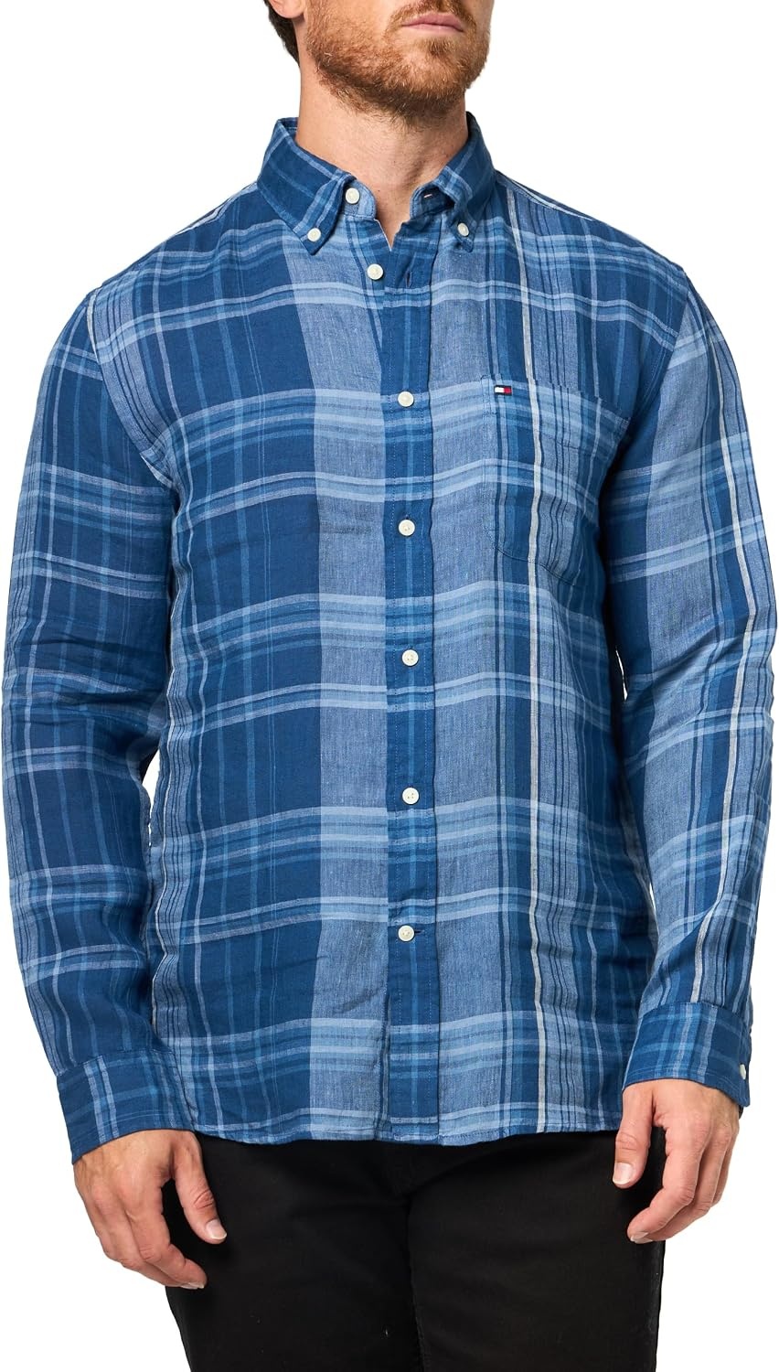 image:imageTommy Hilfiger Mens Long Sleeve Casual Linen Button Down Shirts in Regular FitBrisk Blue Check