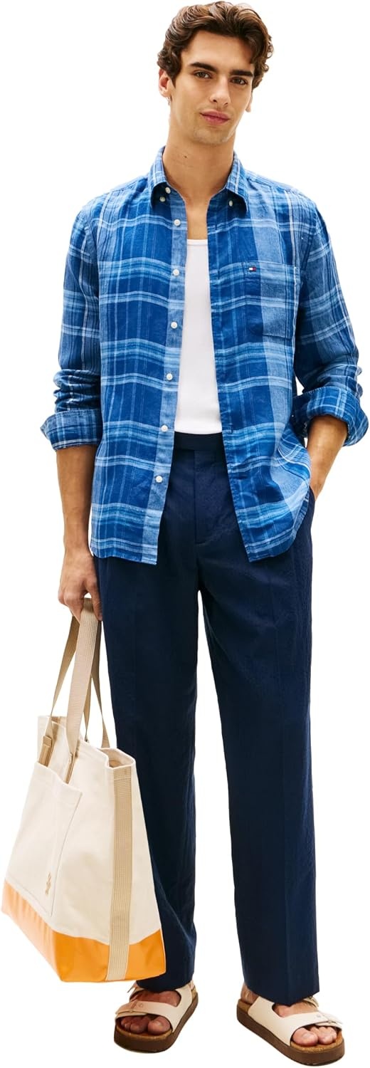 image:imageTommy Hilfiger Mens Long Sleeve Casual Linen Button Down Shirts in Regular FitBrisk Blue Check