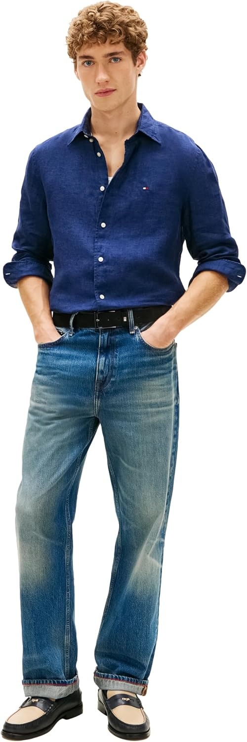 image:imageTommy Hilfiger Mens Long Sleeve Casual Linen Button Down Shirts in Regular FitCarbon Navy