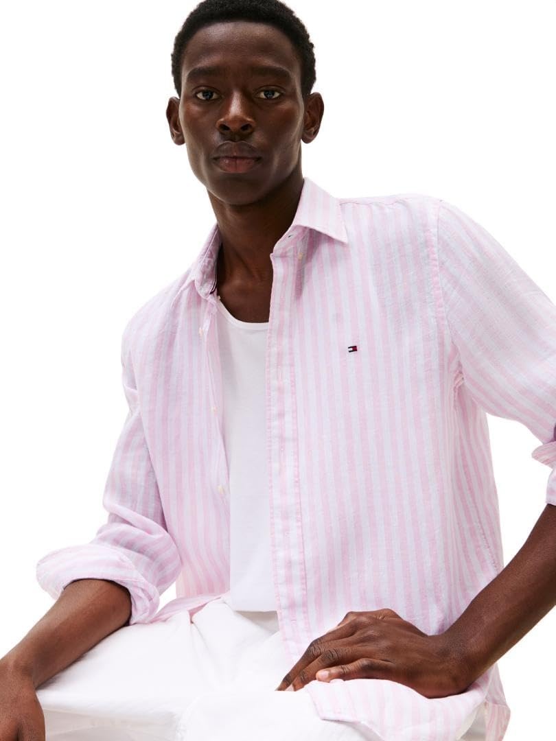 image:imageTommy Hilfiger Mens Long Sleeve Casual Linen Button Down Shirts in Regular FitClassic Pink Stripe