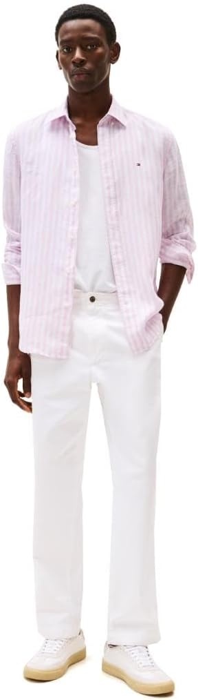 image:imageTommy Hilfiger Mens Long Sleeve Casual Linen Button Down Shirts in Regular FitClassic Pink Stripe