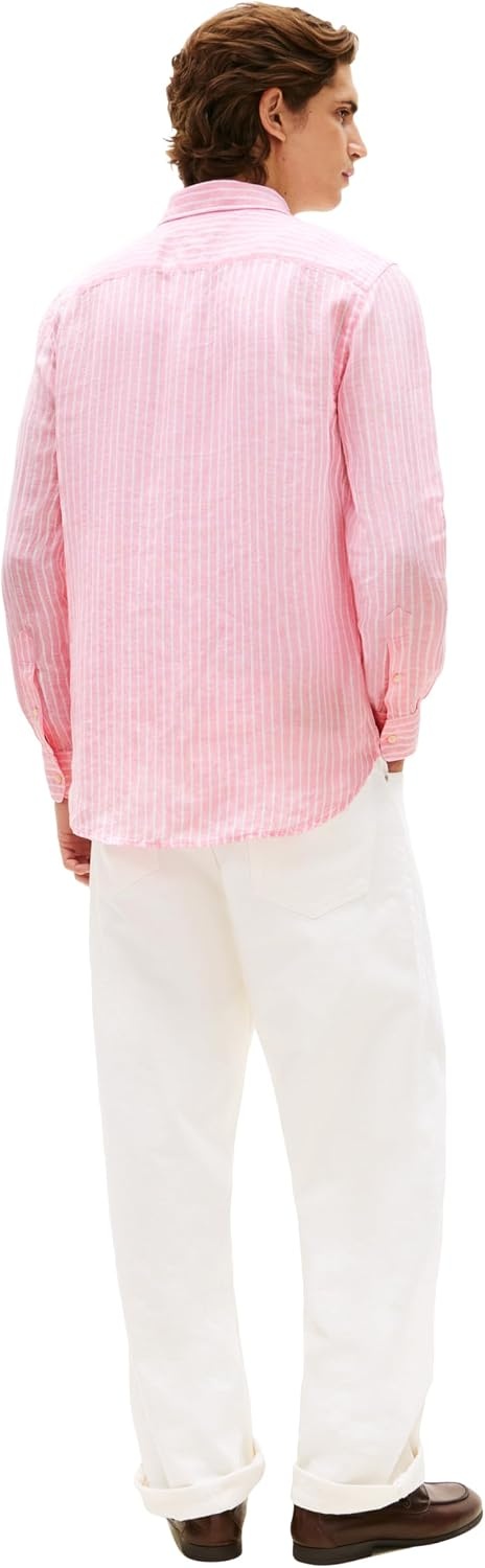 image:imageTommy Hilfiger Mens Long Sleeve Casual Linen Button Down Shirts in Regular FitClassic Pink White Stripe