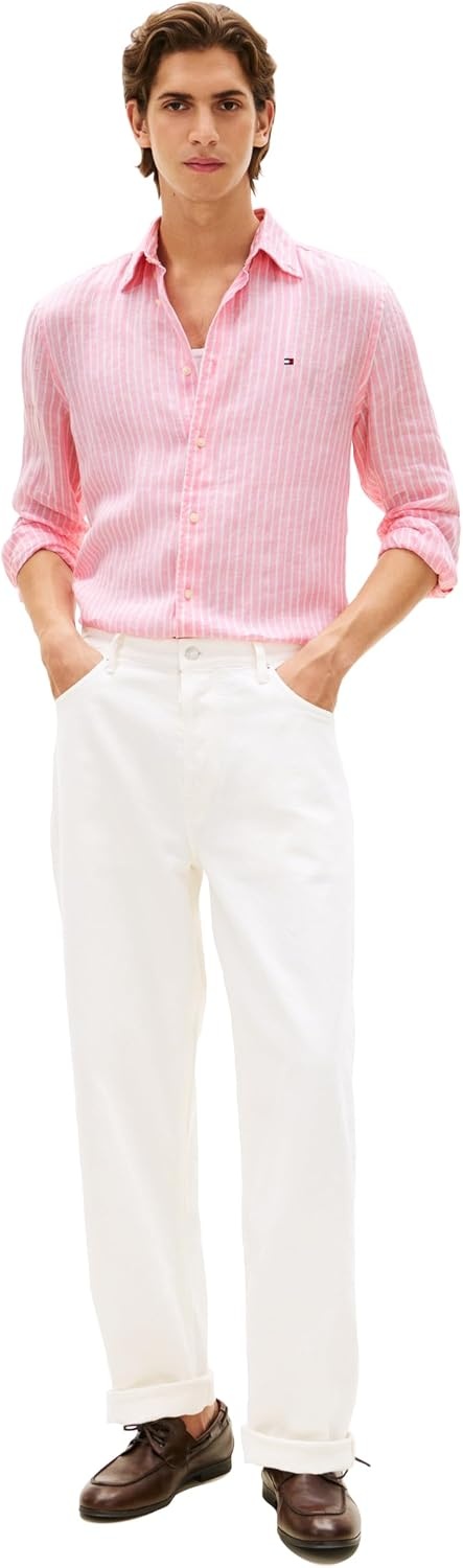 image:imageTommy Hilfiger Mens Long Sleeve Casual Linen Button Down Shirts in Regular FitClassic Pink White Stripe