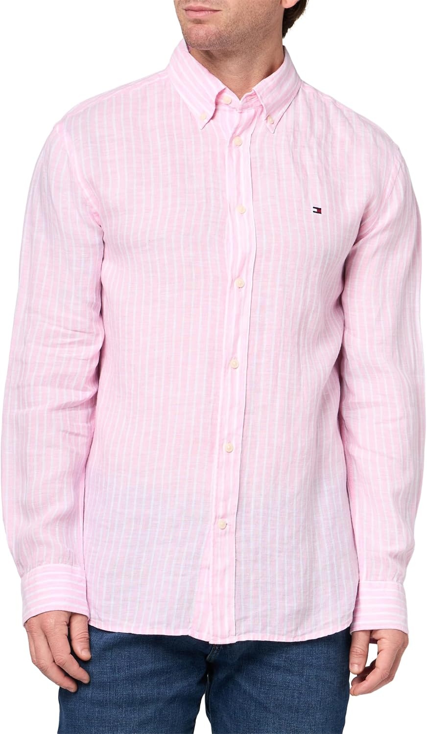 image:imageTommy Hilfiger Mens Long Sleeve Casual Linen Button Down Shirts in Regular FitClassic Pink White Stripe