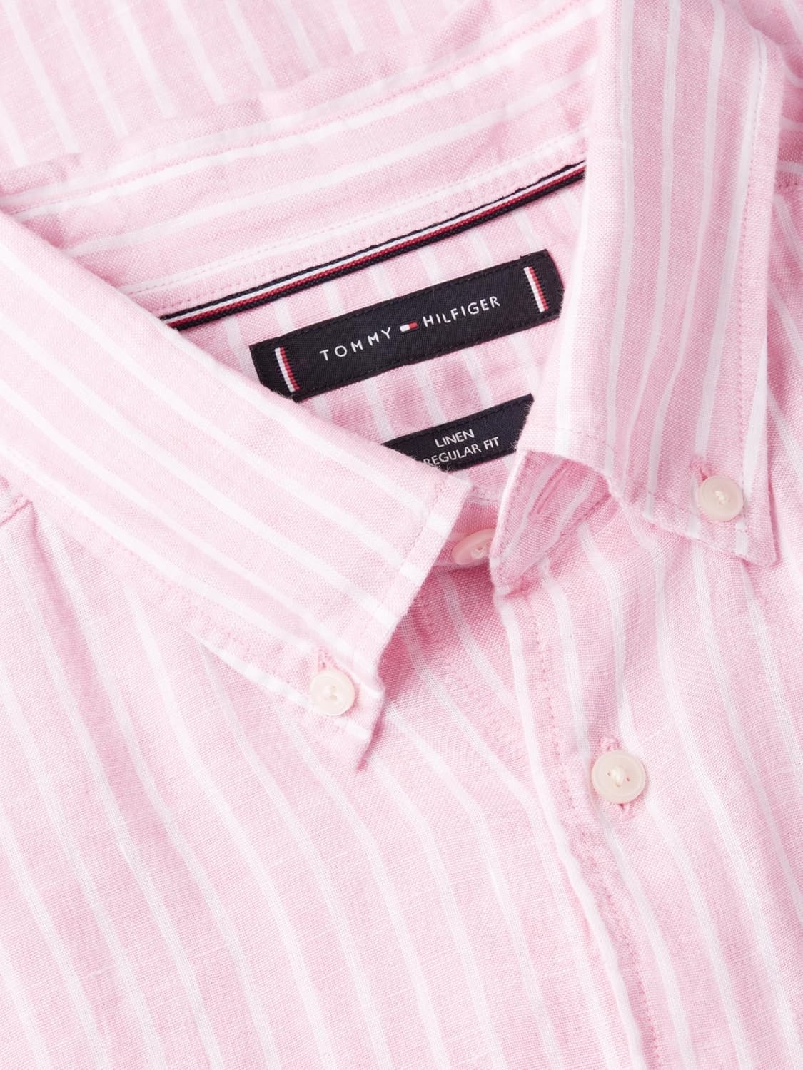 image:imageTommy Hilfiger Mens Long Sleeve Casual Linen Button Down Shirts in Regular FitClassic Pink White Stripe