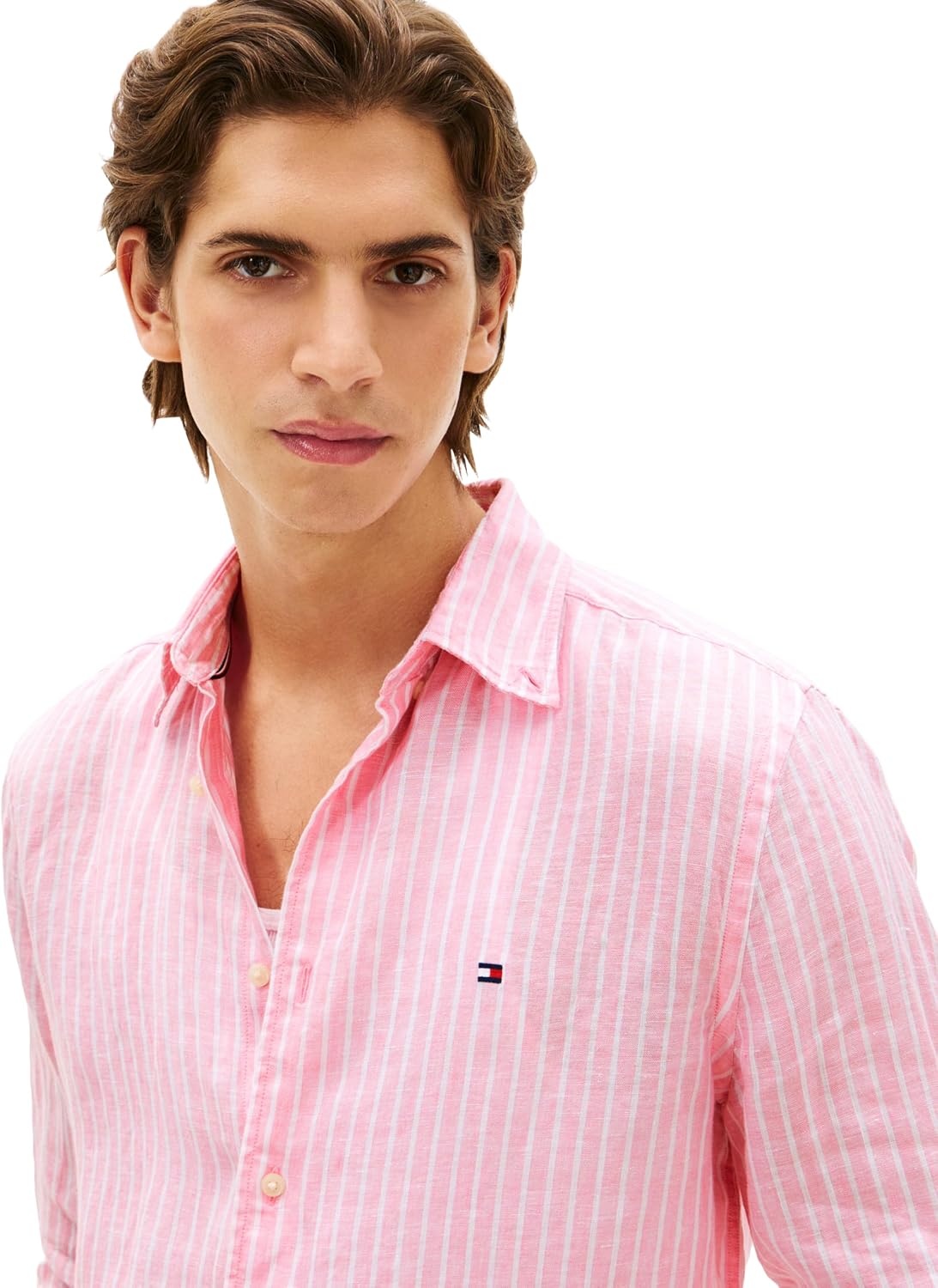 image:imageTommy Hilfiger Mens Long Sleeve Casual Linen Button Down Shirts in Regular FitClassic Pink White Stripe