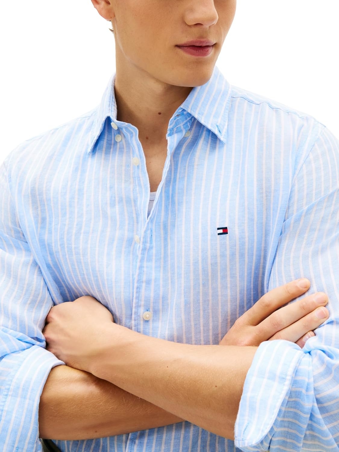 image:imageTommy Hilfiger Mens Long Sleeve Casual Linen Button Down Shirts in Regular FitCloudy Blue Stripe