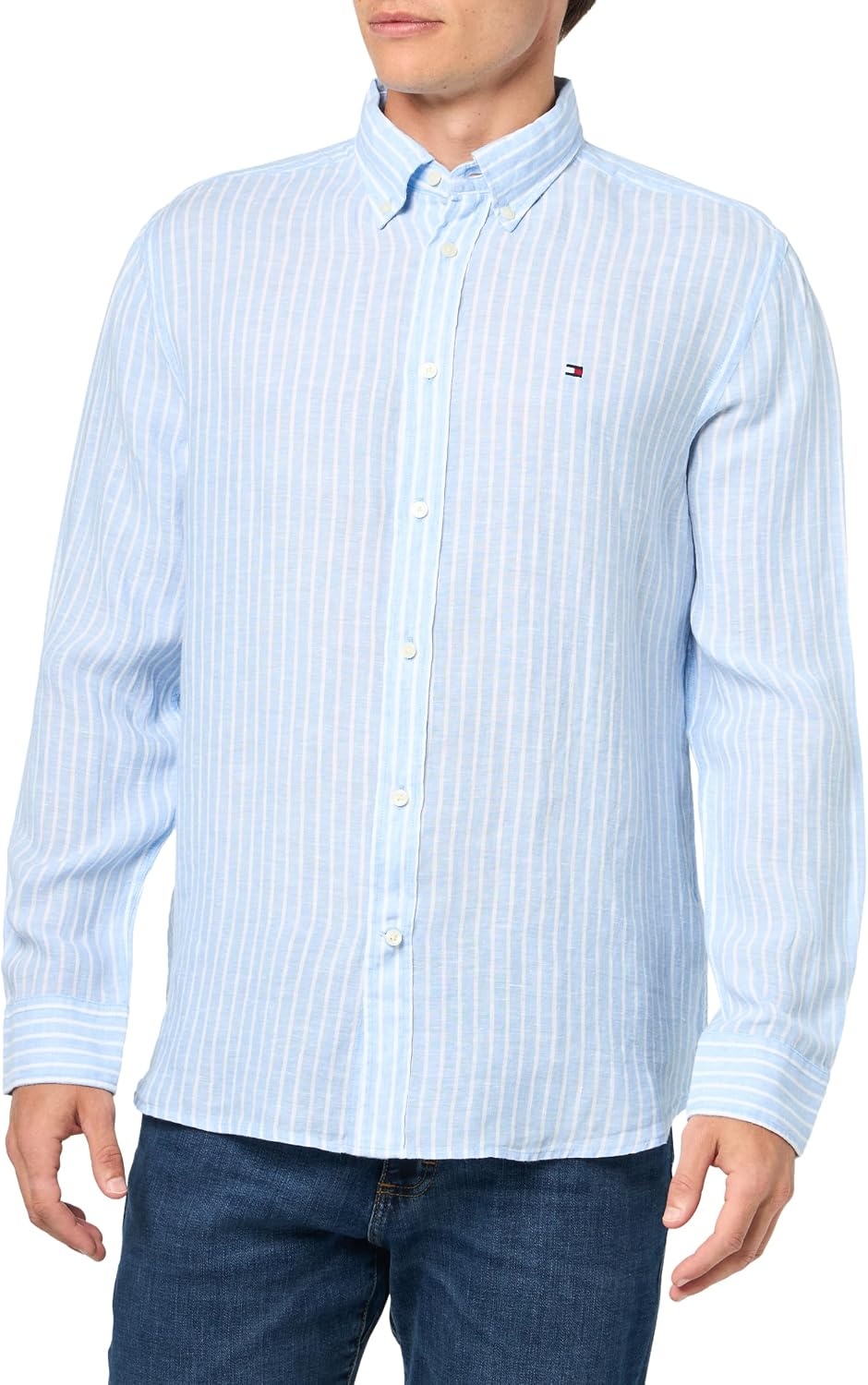 image:imageTommy Hilfiger Mens Long Sleeve Casual Linen Button Down Shirts in Regular FitCloudy Blue Stripe