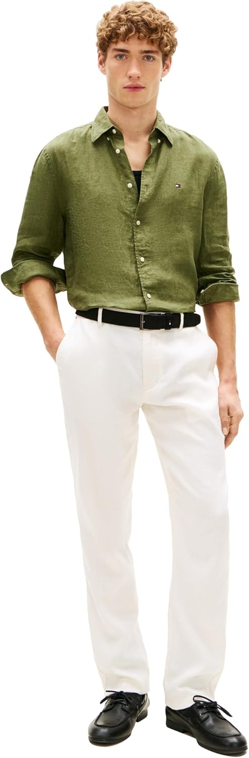 image:imageTommy Hilfiger Mens Long Sleeve Casual Linen Button Down Shirts in Regular FitDark Artichoke