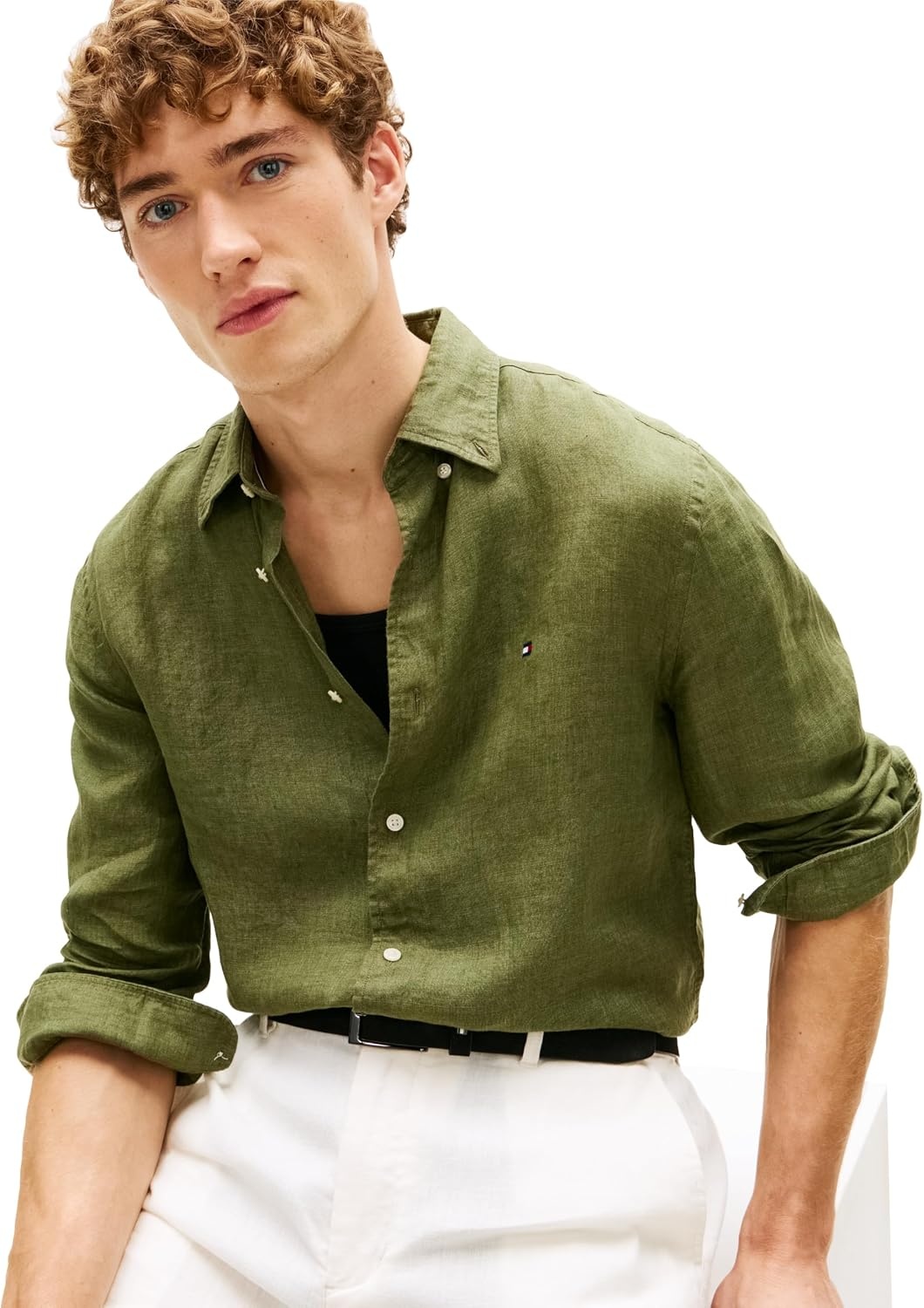 image:imageTommy Hilfiger Mens Long Sleeve Casual Linen Button Down Shirts in Regular FitDark Artichoke