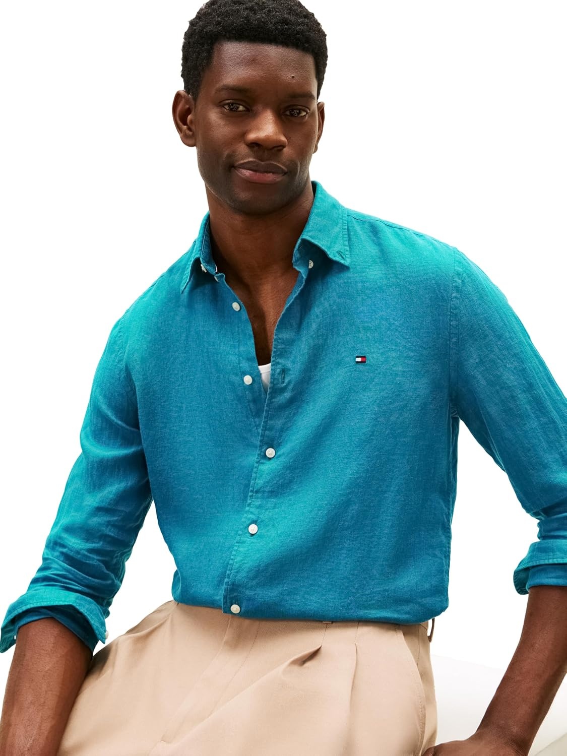 image:imageTommy Hilfiger Mens Long Sleeve Casual Linen Button Down Shirts in Regular FitDeep Ocean