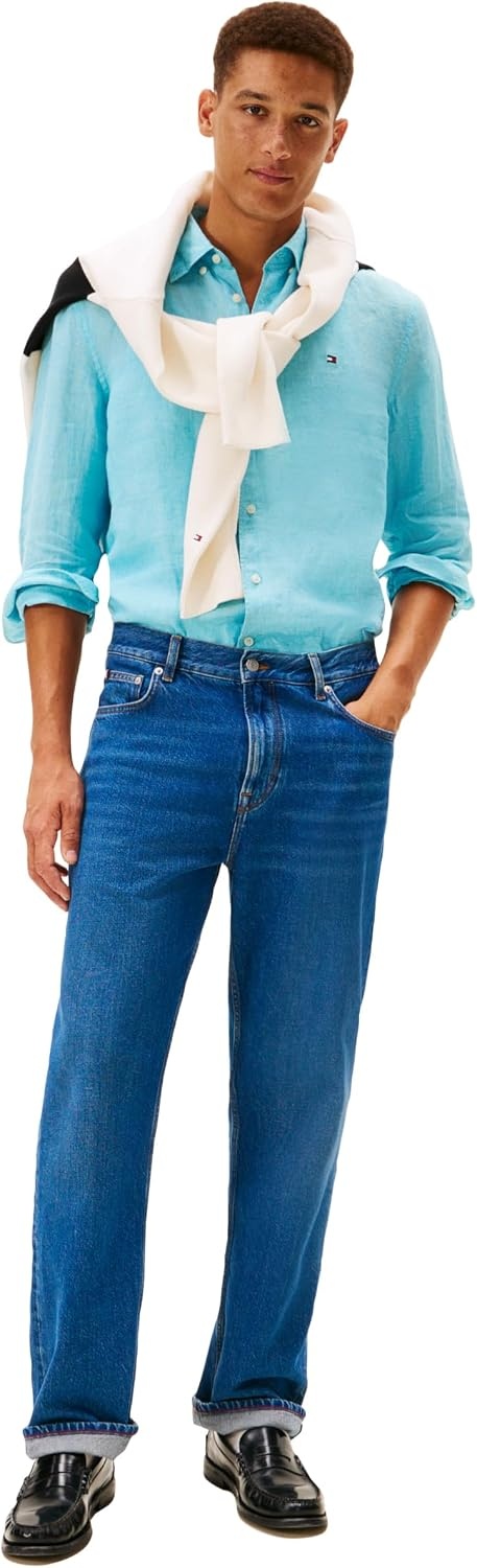 image:imageTommy Hilfiger Mens Long Sleeve Casual Linen Button Down Shirts in Regular FitDewy Blue