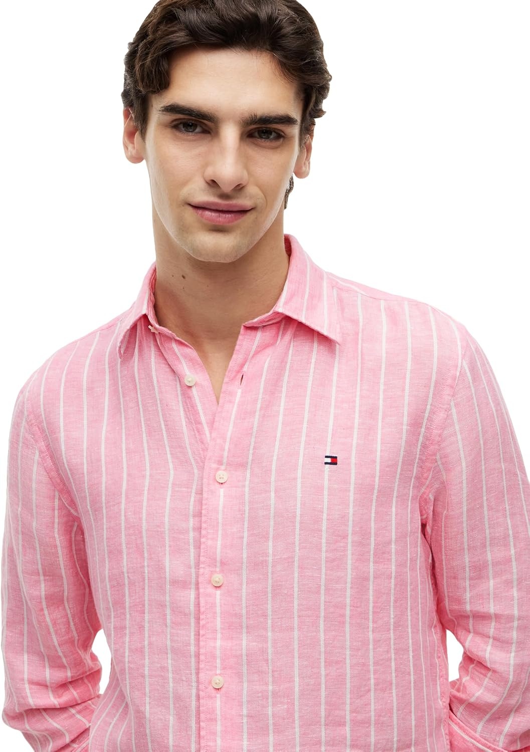 image:imageTommy Hilfiger Mens Long Sleeve Casual Linen Button Down Shirts in Regular FitDoll Pink Stripe
