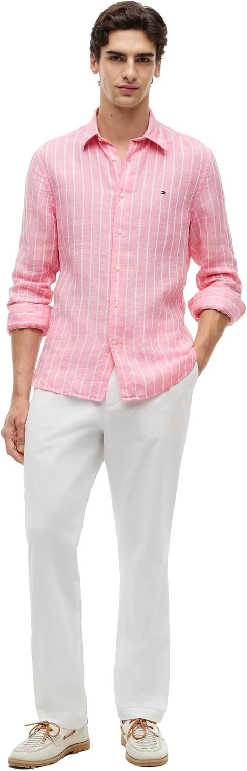 image:imageTommy Hilfiger Mens Long Sleeve Casual Linen Button Down Shirts in Regular FitDoll Pink Stripe