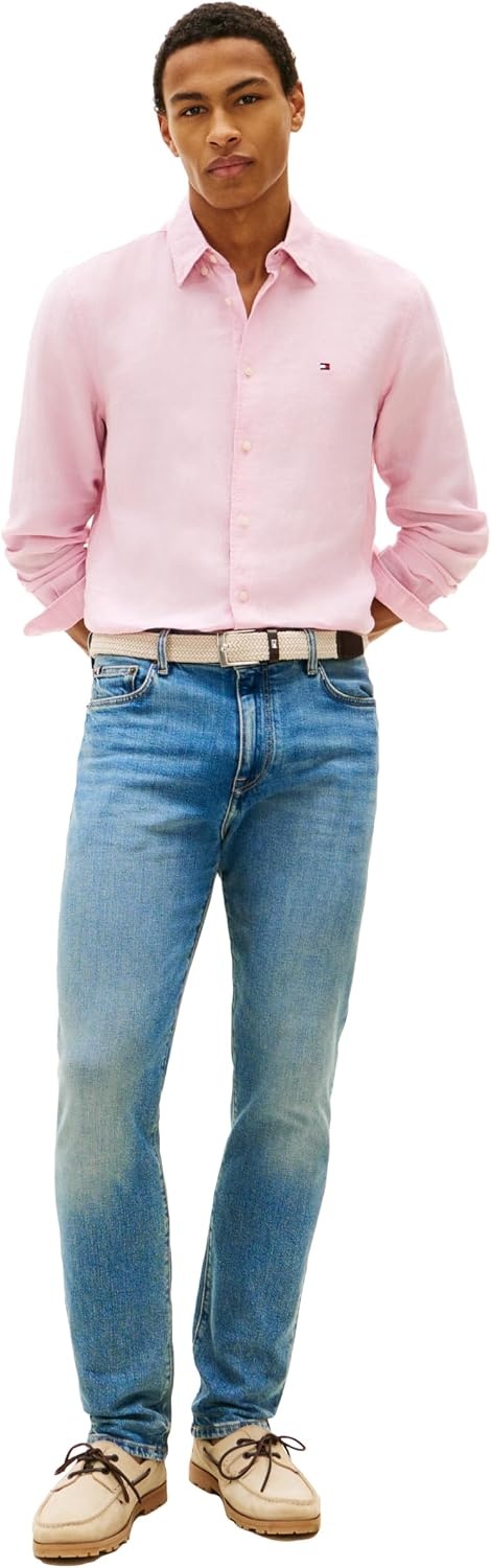 image:imageTommy Hilfiger Mens Long Sleeve Casual Linen Button Down Shirts in Regular FitLight Pink