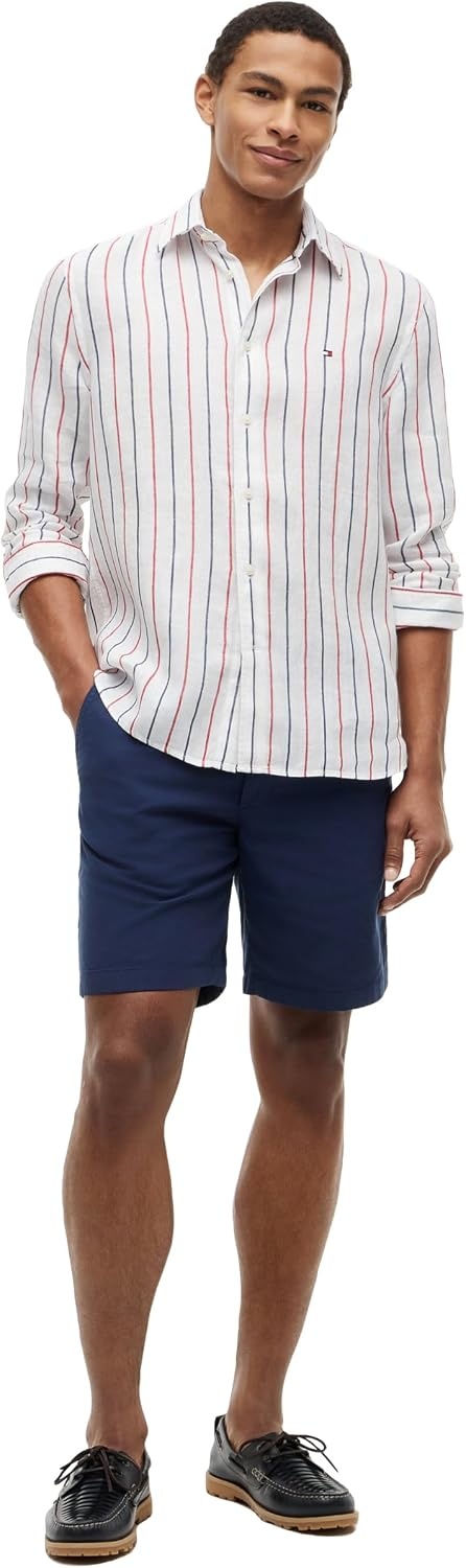 image:imageTommy Hilfiger Mens Long Sleeve Casual Linen Button Down Shirts in Regular FitMedium Red Stripe