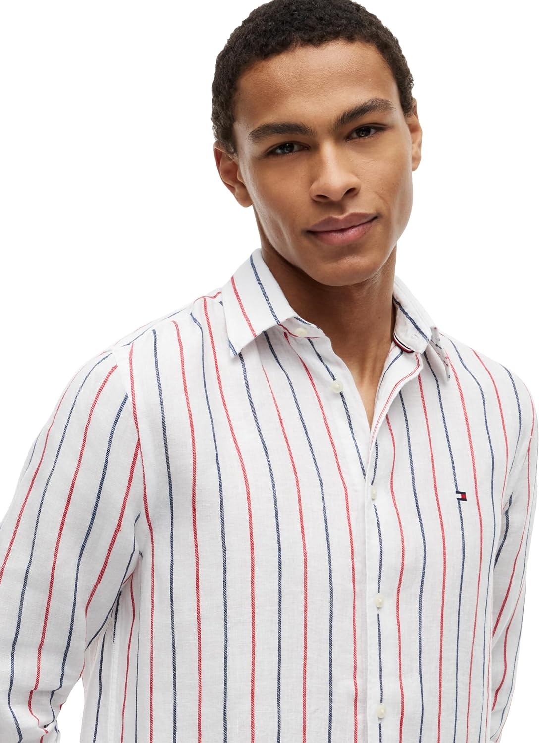 image:imageTommy Hilfiger Mens Long Sleeve Casual Linen Button Down Shirts in Regular FitMedium Red Stripe