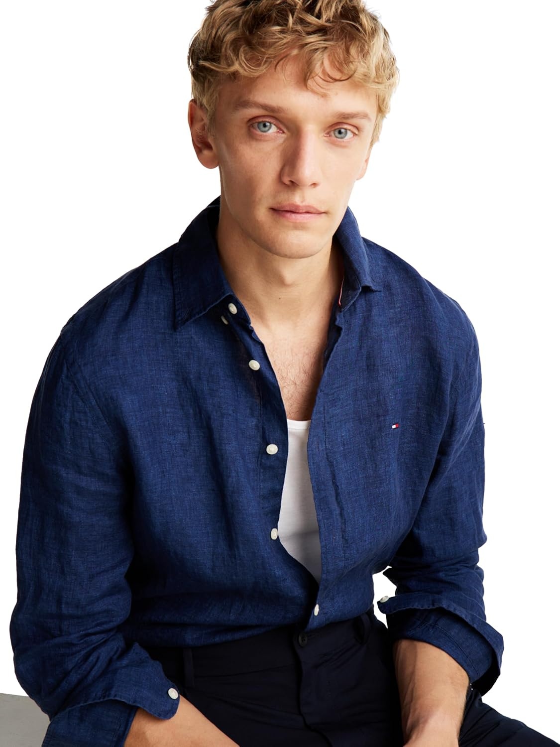 image:imageTommy Hilfiger Mens Long Sleeve Casual Linen Button Down Shirts in Regular FitNight Sky