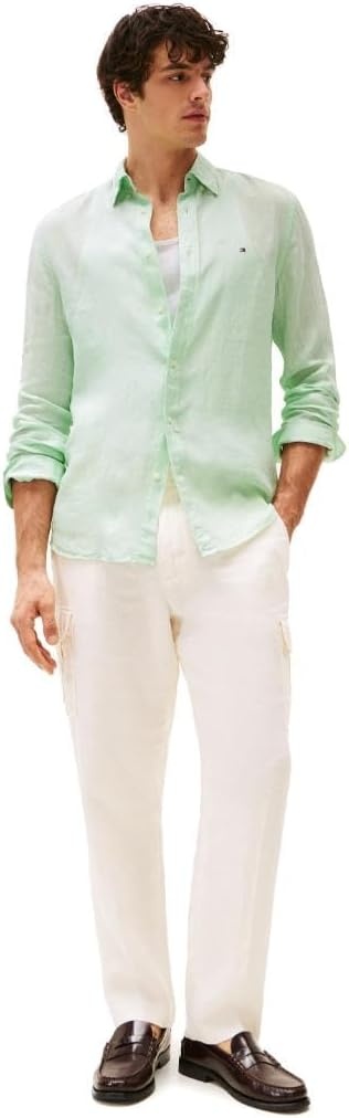 image:imageTommy Hilfiger Mens Long Sleeve Casual Linen Button Down Shirts in Regular FitOpal Green