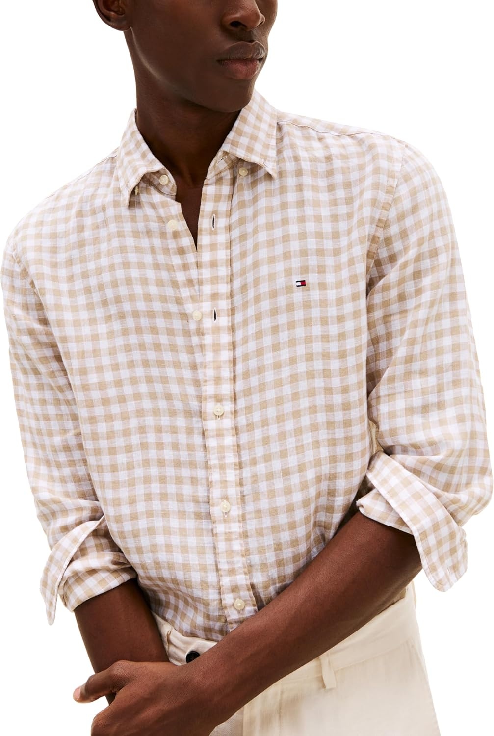 image:imageTommy Hilfiger Mens Long Sleeve Casual Linen Button Down Shirts in Regular FitSandalwood Check