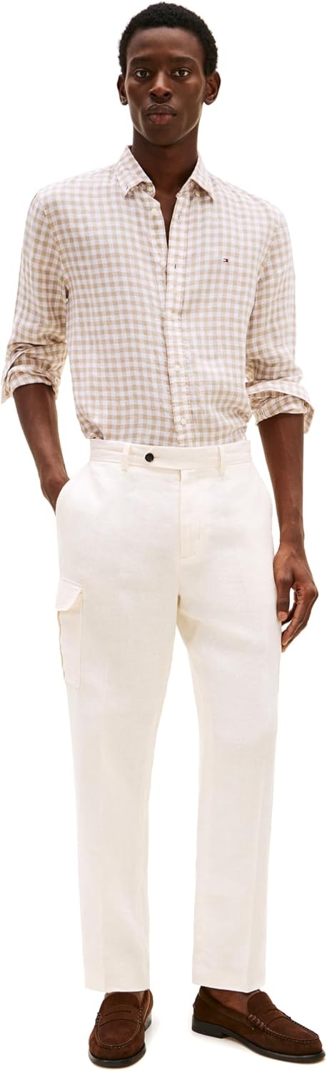 image:imageTommy Hilfiger Mens Long Sleeve Casual Linen Button Down Shirts in Regular FitSandalwood Check